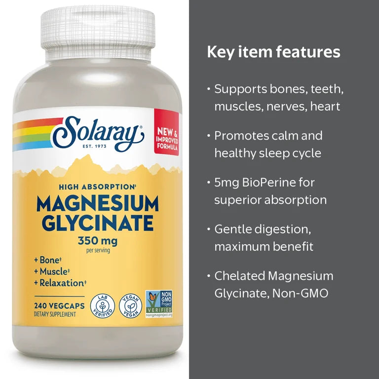 Solaray Magnesium Glycinate with BioPerine, Healthy Relaxation, Muscle Function & Bone Support,240 VegCaps