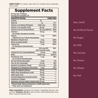 Nature's Bounty Optimal Solutions Advanced Hair, Skin and Nail Biotin & Vitamins A, C, & E Softgels, 150 Count