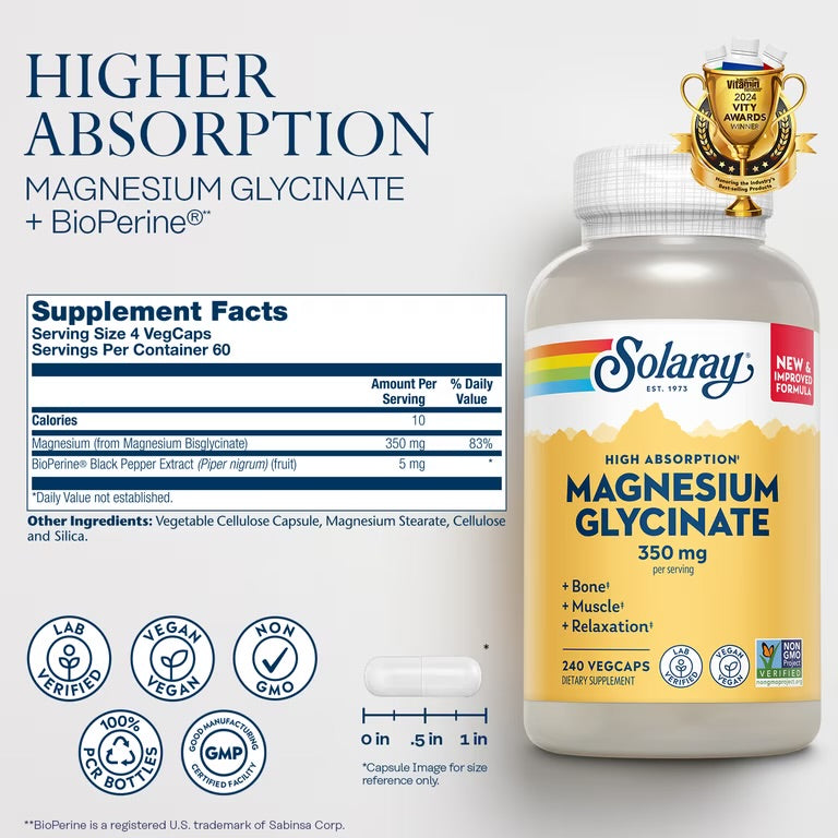 Solaray Magnesium Glycinate with BioPerine, Healthy Relaxation, Muscle Function & Bone Support,240 VegCaps