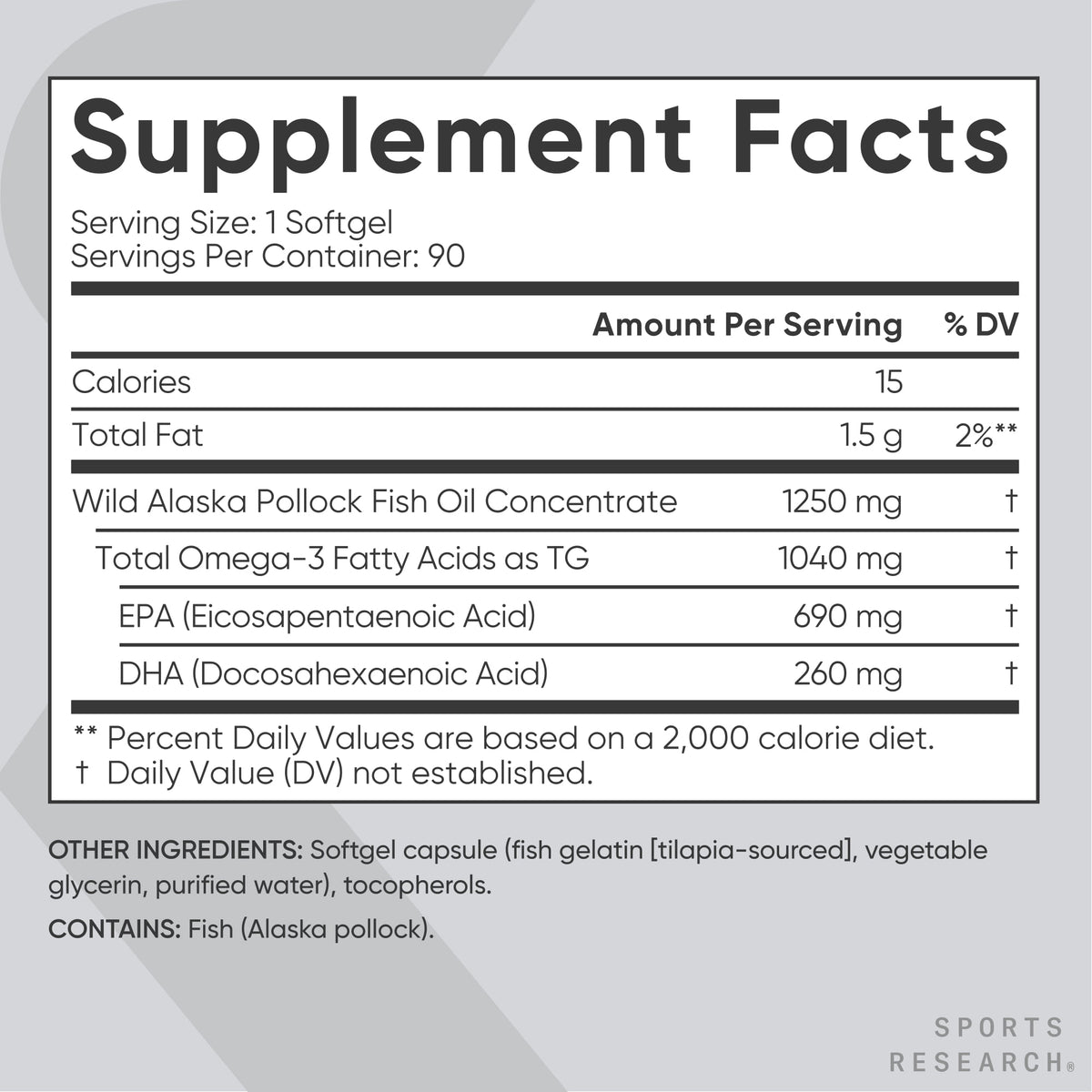 Sports Research Omega-3 Fish Oil 1250mg from Wild Alaska Pollock, 90 Count