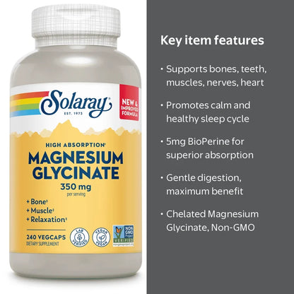 Solaray Magnesium Glycinate with BioPerine, Healthy Relaxation, Muscle Function & Bone Support,240 VegCaps