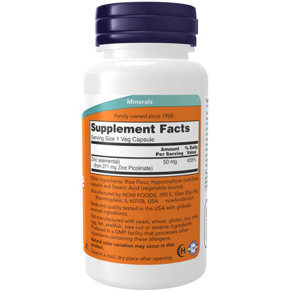 NOW Supplements, Zinc Picolinate 50 mg, Supports Enzyme Functions, Immune Support, 120 Veg Capsules