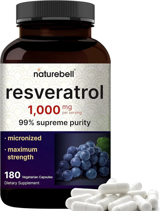 NatureBell Resveratrol Supplement 1000mg Per Serving, 180 Veggie Capsules, 99% Pure Trans-Resveratrol, Antioxidant for Healthy Aging, Brain & Heart Support – Non-GMO