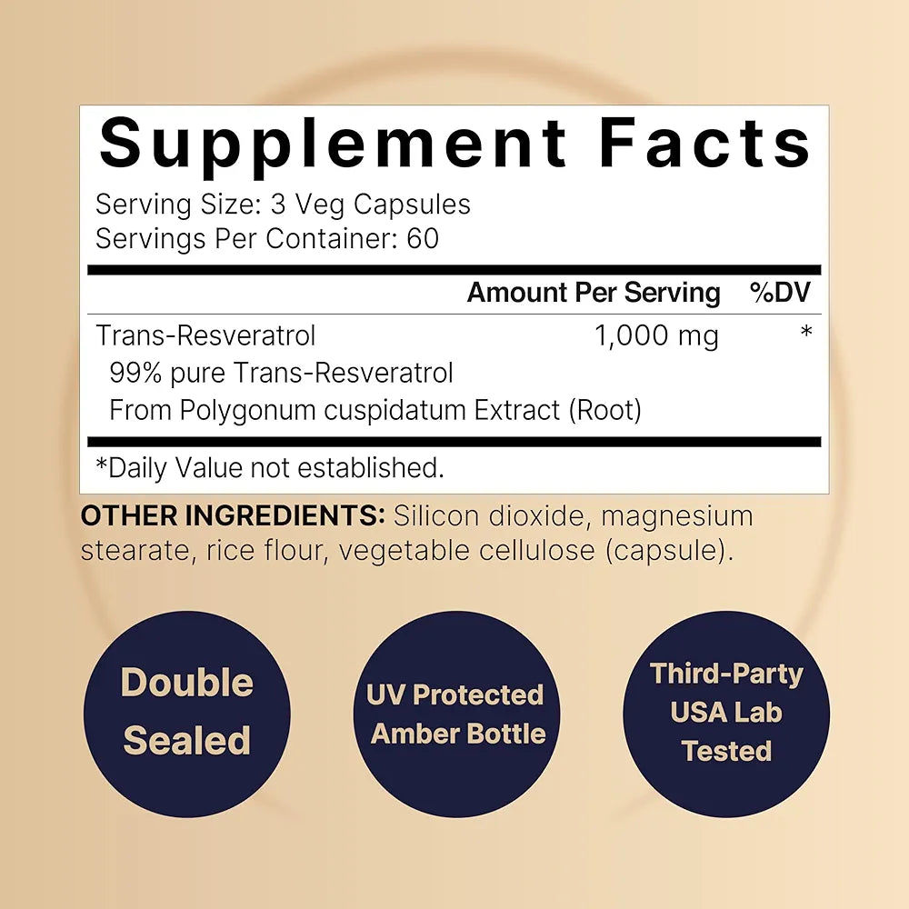 NatureBell Resveratrol Supplement 1000mg Per Serving, 180 Veggie Capsules, 99% Pure Trans-Resveratrol, Antioxidant for Healthy Aging, Brain & Heart Support – Non-GMO