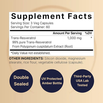 NatureBell Resveratrol Supplement 1000mg Per Serving, 180 Veggie Capsules, 99% Pure Trans-Resveratrol, Antioxidant for Healthy Aging, Brain & Heart Support – Non-GMO