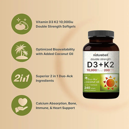 NatureBell Vitamin D3 10,000 IU + K2 200 mcg, 240 Softgels | Daily High Potency Formula with Coconut Oil | Bone, Heart & Immune Support | MK-7 Form | Non-GMO