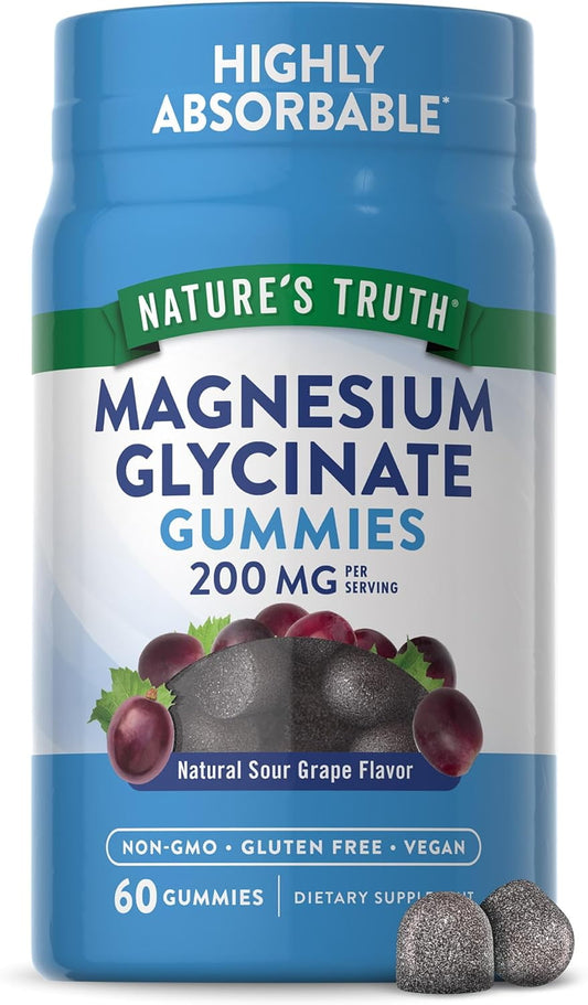 Magnesium Glycinate Gummies for Adults | 200mg | 60 Count | Grape Flavor | by Nature's Truth