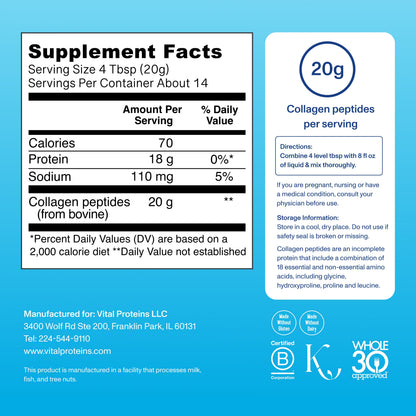 Vital Proteins Collagen Peptides Powder Supplement for Hair, Skin and Nails, Unflavored, 10 oz