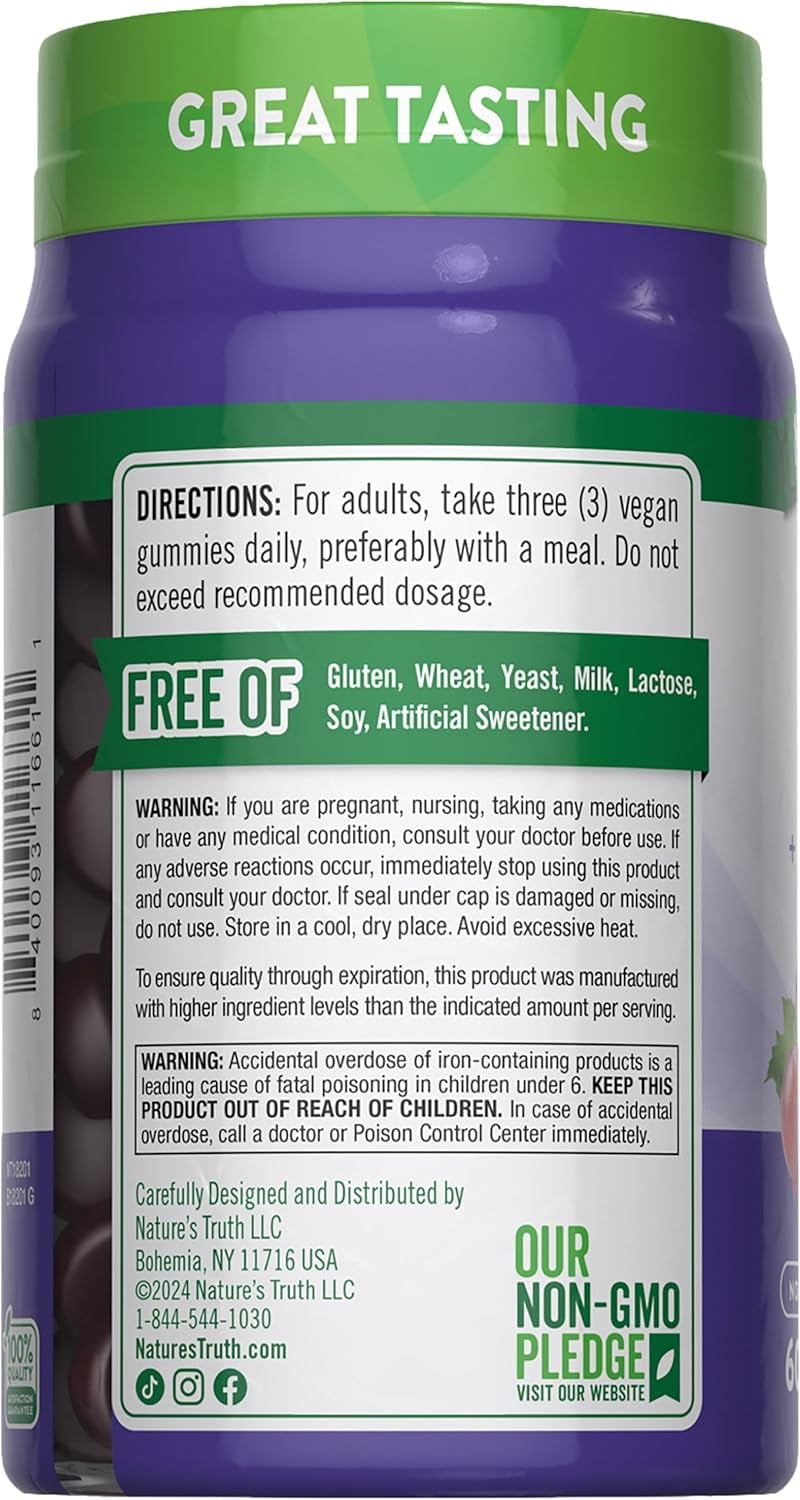 Iron Gummies | 60 Count | with B Vitamins & Zinc | Grape Flavor | by Nature's Truth