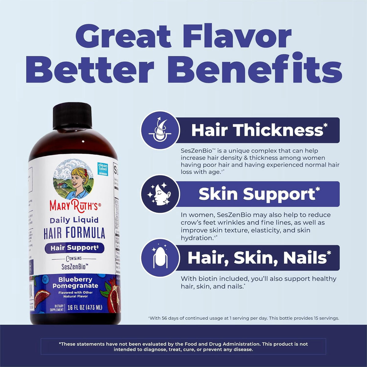 MaryRuth's Daily Liquid Hair Support Formula for Women, with SesZenBio™ 500 mg, Biotin 2,500 mcg & Vitamin C, Vegan Supplement, 16 fl oz