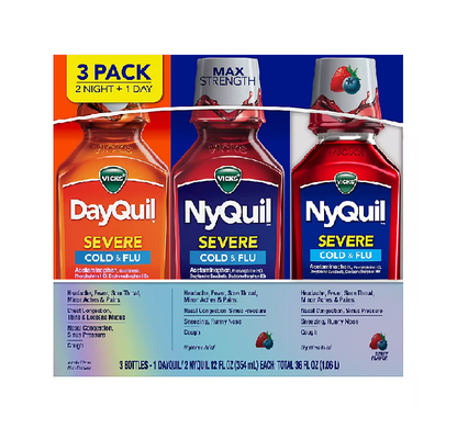 Vicks DayQuil and NyQuil SEVERE Maximum Strength Cough, Cold & Flu Relief Liquid, 3 Bottles BERRY