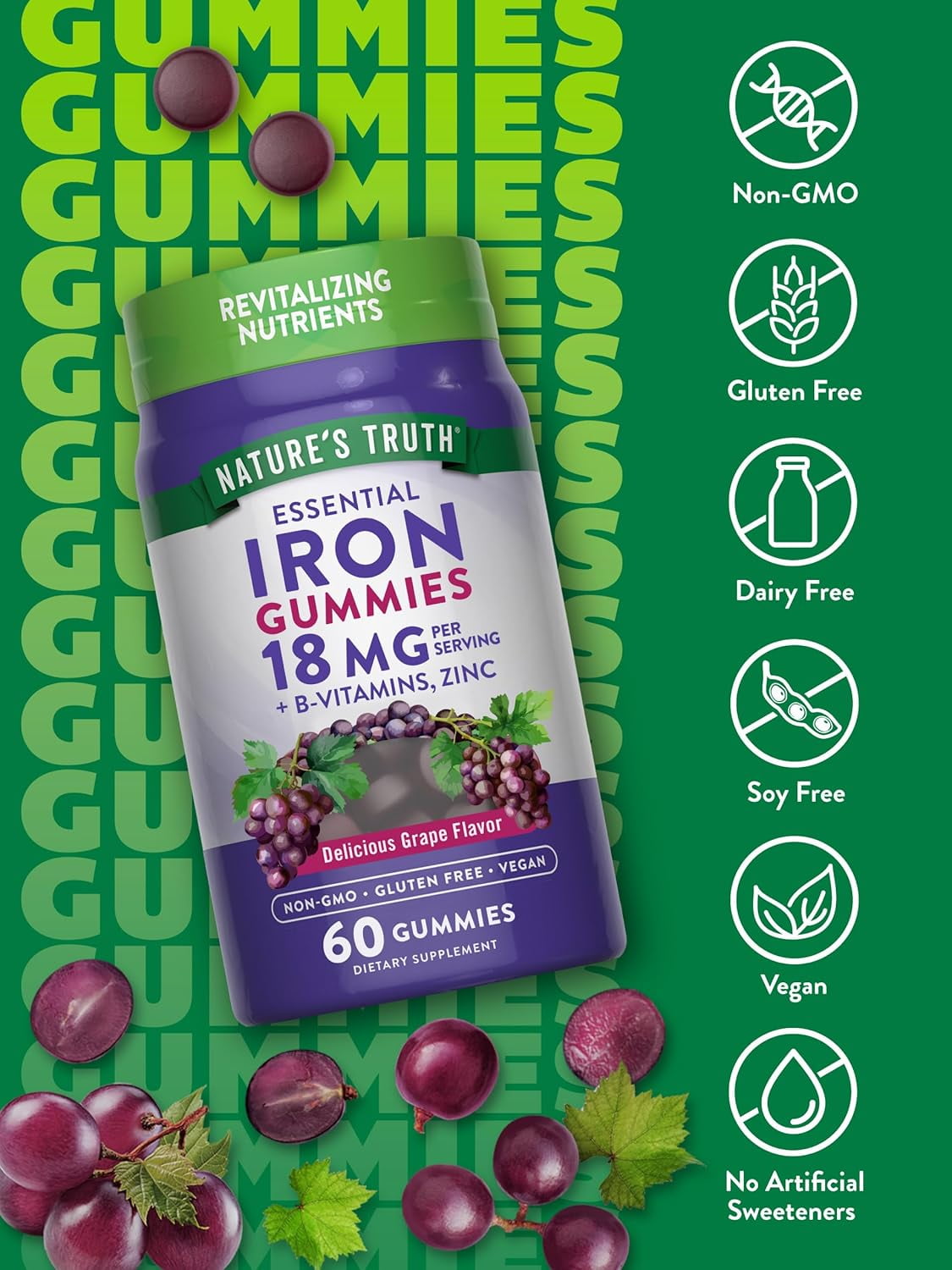 Iron Gummies | 60 Count | with B Vitamins & Zinc | Grape Flavor | by Nature's Truth